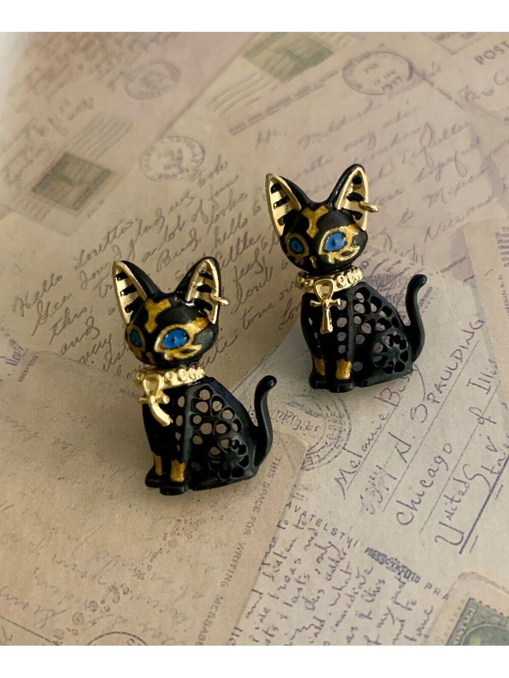 Vintage Egyptian Revival Egyptian Revival Black & Gold Cat Pierced Earrings